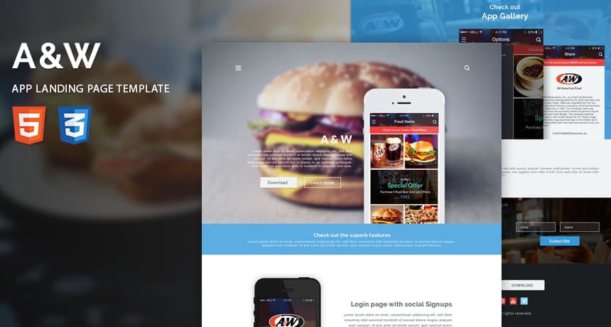 A&W App Landing Page HTML Template | Free HTML5 Templates